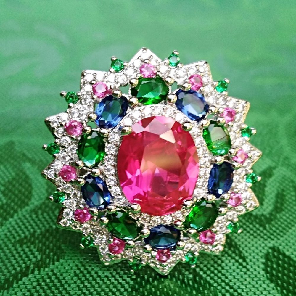 Women Ring Silver Ruby Emerald White Sapphire